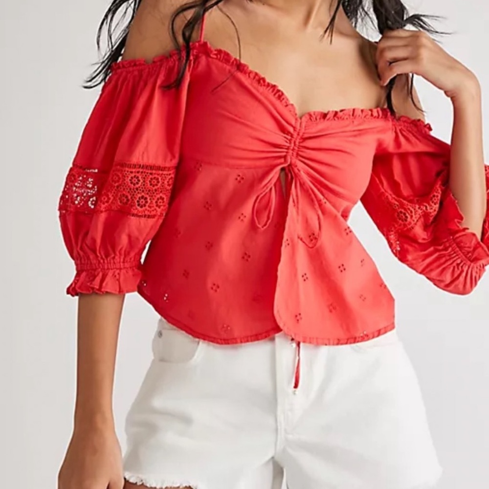 Free People Red Off-Shoulder Eyelet Drawstring Blouse